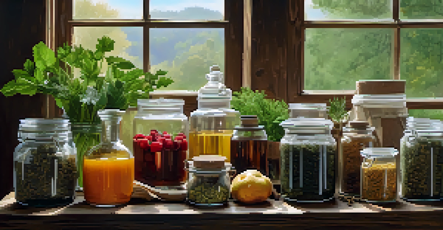 A collection of herbal remedies and natural ingredients displayed on a wooden table with natural light.