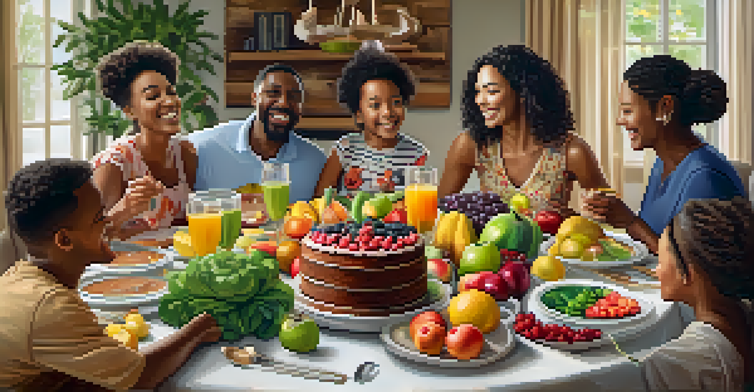 A joyful family celebrating a health milestone with a colorful and healthy feast on the table.