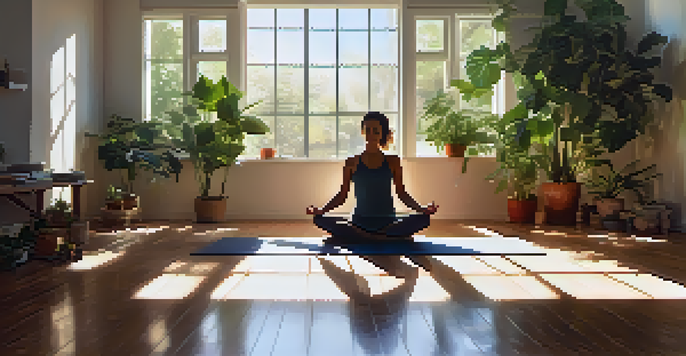 A person meditating in a bright and peaceful room filled with plants, sunlight streaming through the curtains, creating a warm and calming ambiance.
