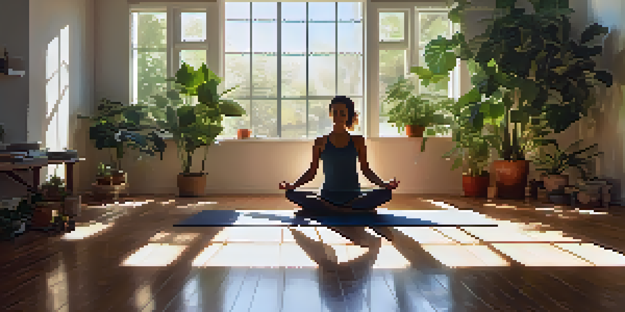 A person meditating in a bright and peaceful room filled with plants, sunlight streaming through the curtains, creating a warm and calming ambiance.