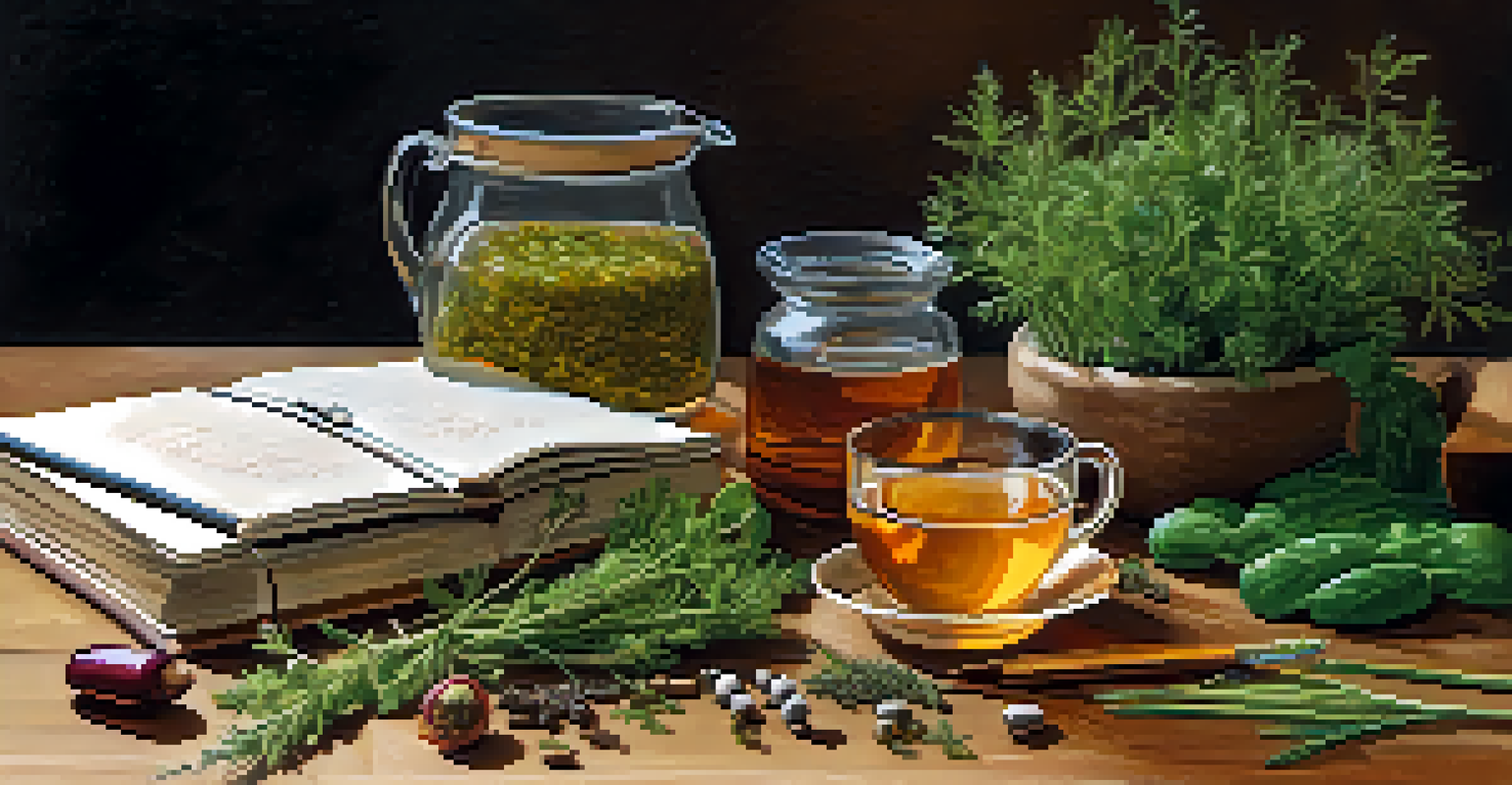 A wooden table displaying natural herbs, herbal supplements, fresh vegetables, and a glass of herbal tea, symbolizing holistic health.