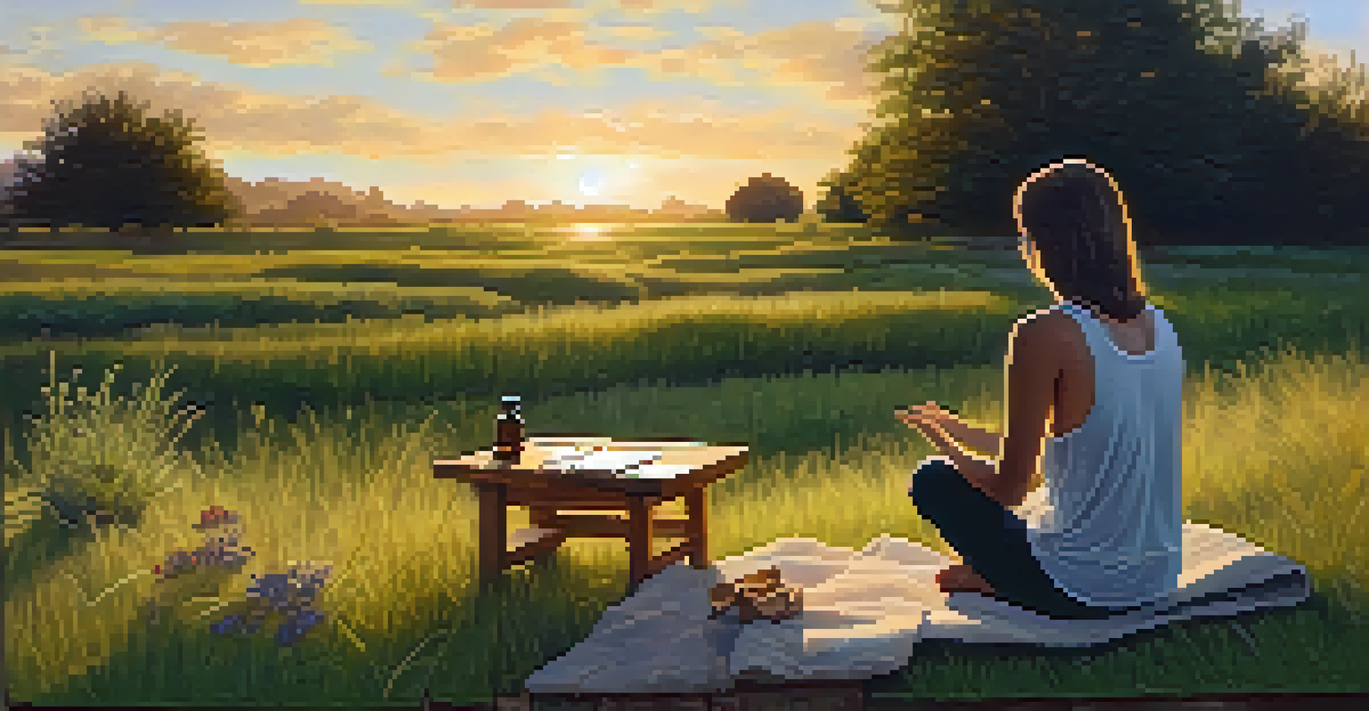 A person practicing mindfulness outdoors, surrounded by herbs and essential oils with a sunset in the background.