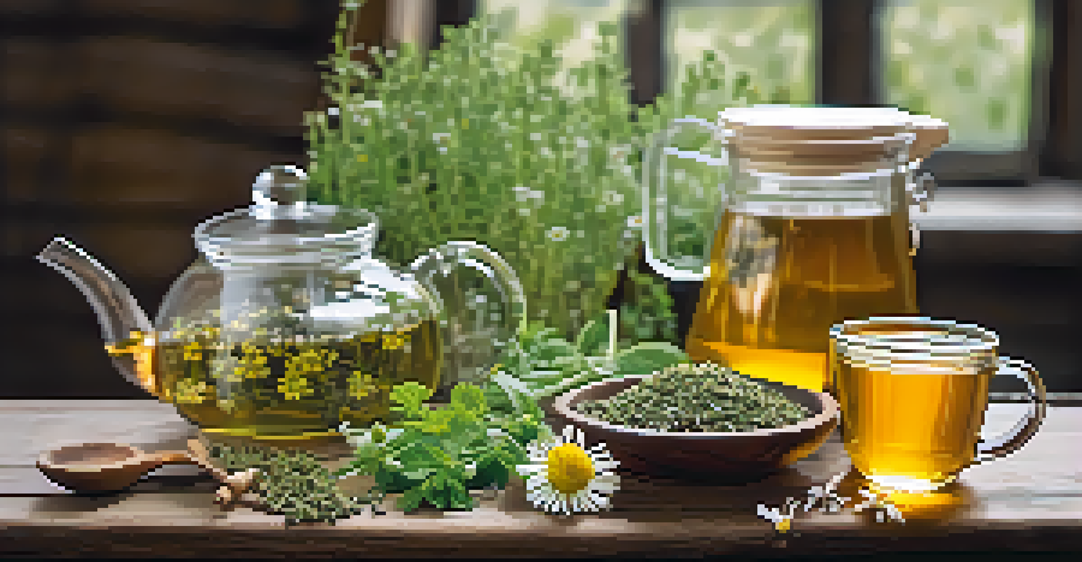 A collection of herbal teas in glass cups with fresh herbs and honey on a wooden surface, symbolizing natural remedies.