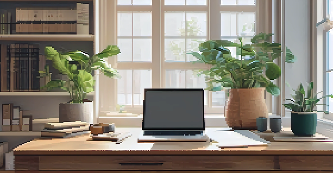 A cozy home office with a laptop showing a video call, surrounded by greenery and health books, illuminated by soft natural light.