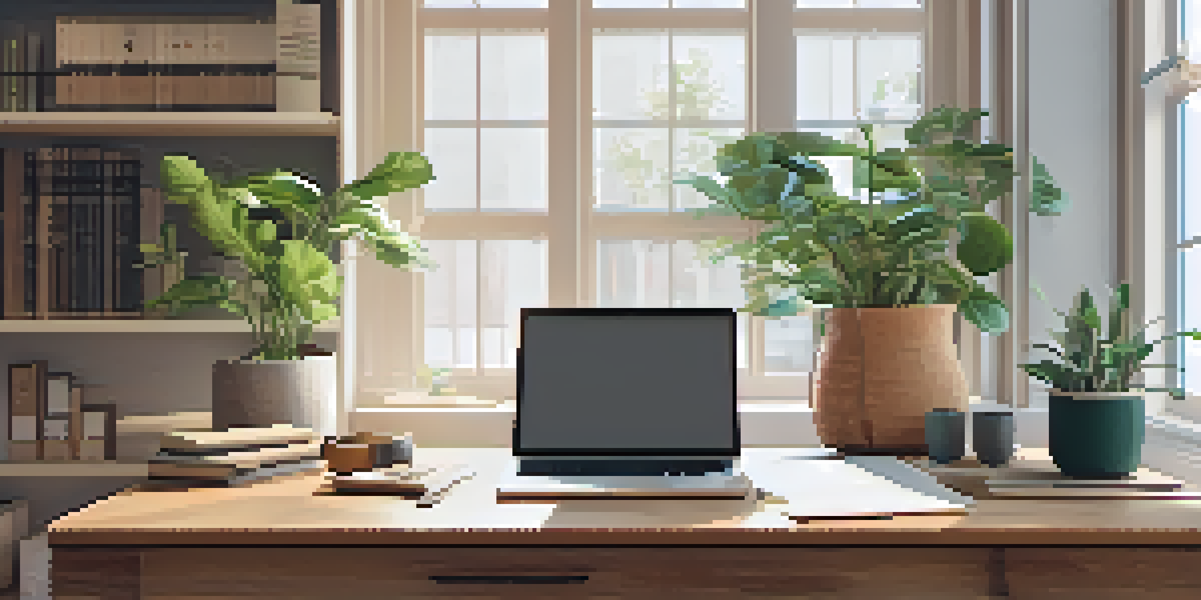 A cozy home office with a laptop showing a video call, surrounded by greenery and health books, illuminated by soft natural light.