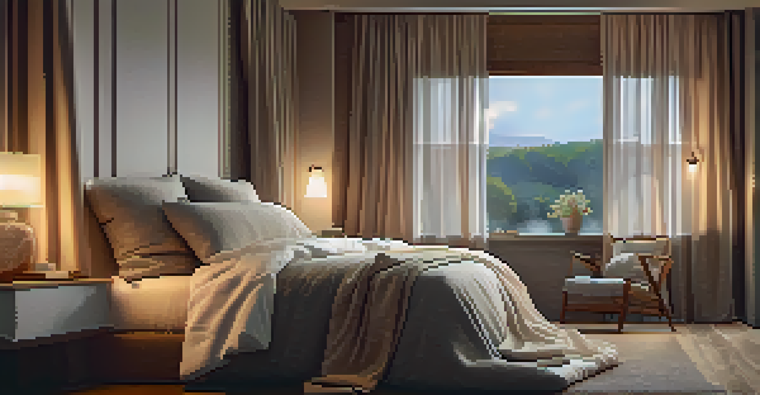 A peaceful bedroom with a cozy bed, warm lighting, and a calming ambiance ideal for sleep.