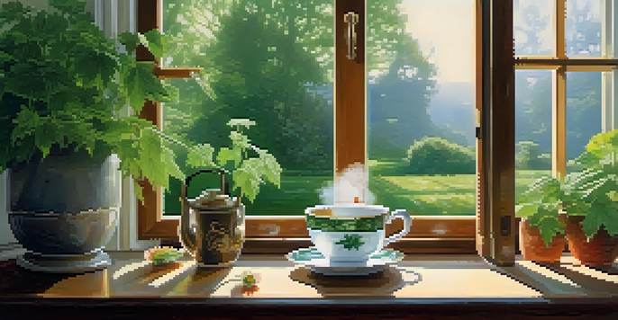 A steaming cup of nettle tea on a wooden table with fresh nettle leaves, illuminated by soft sunlight coming through a window.