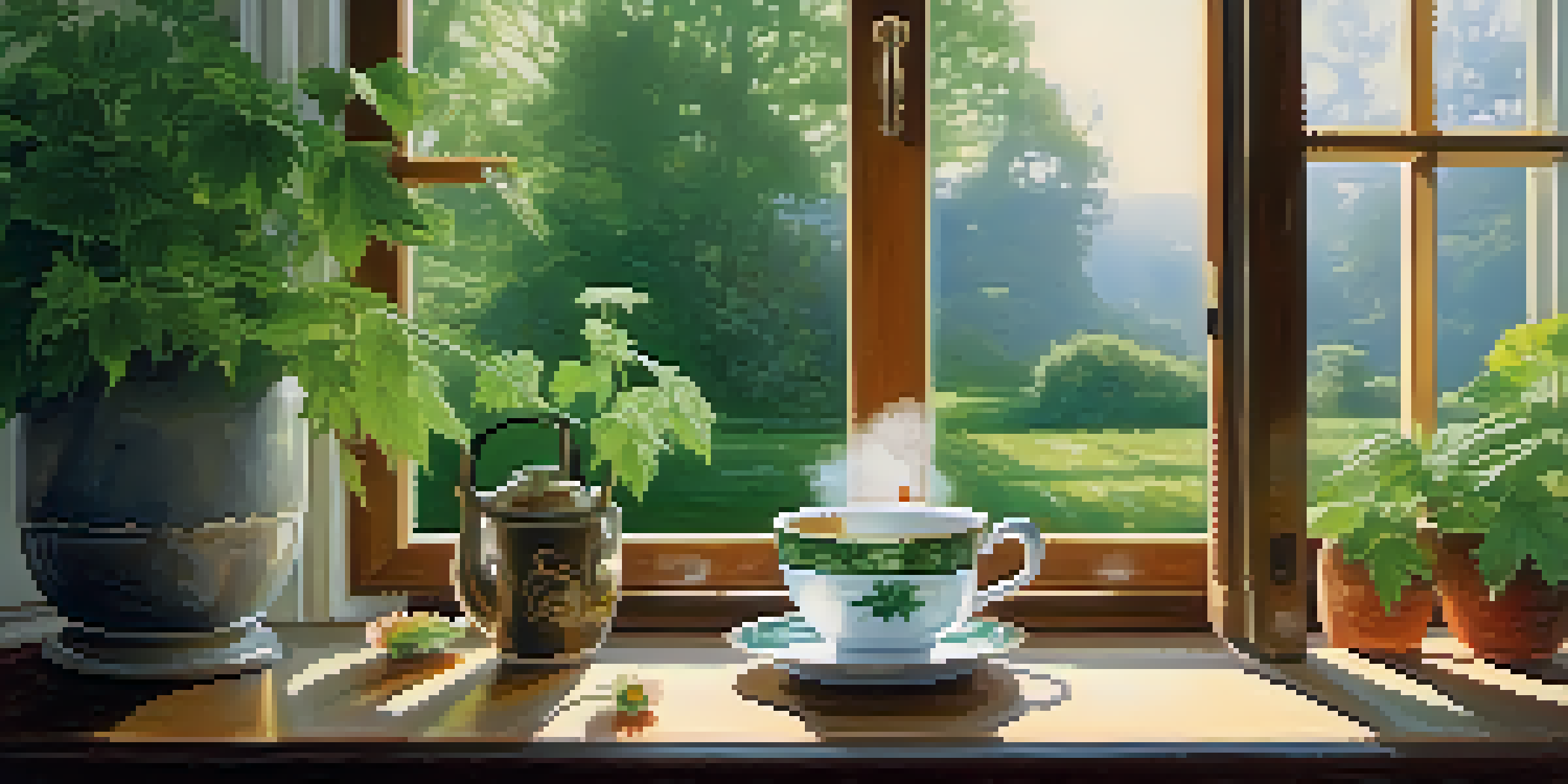 A steaming cup of nettle tea on a wooden table with fresh nettle leaves, illuminated by soft sunlight coming through a window.