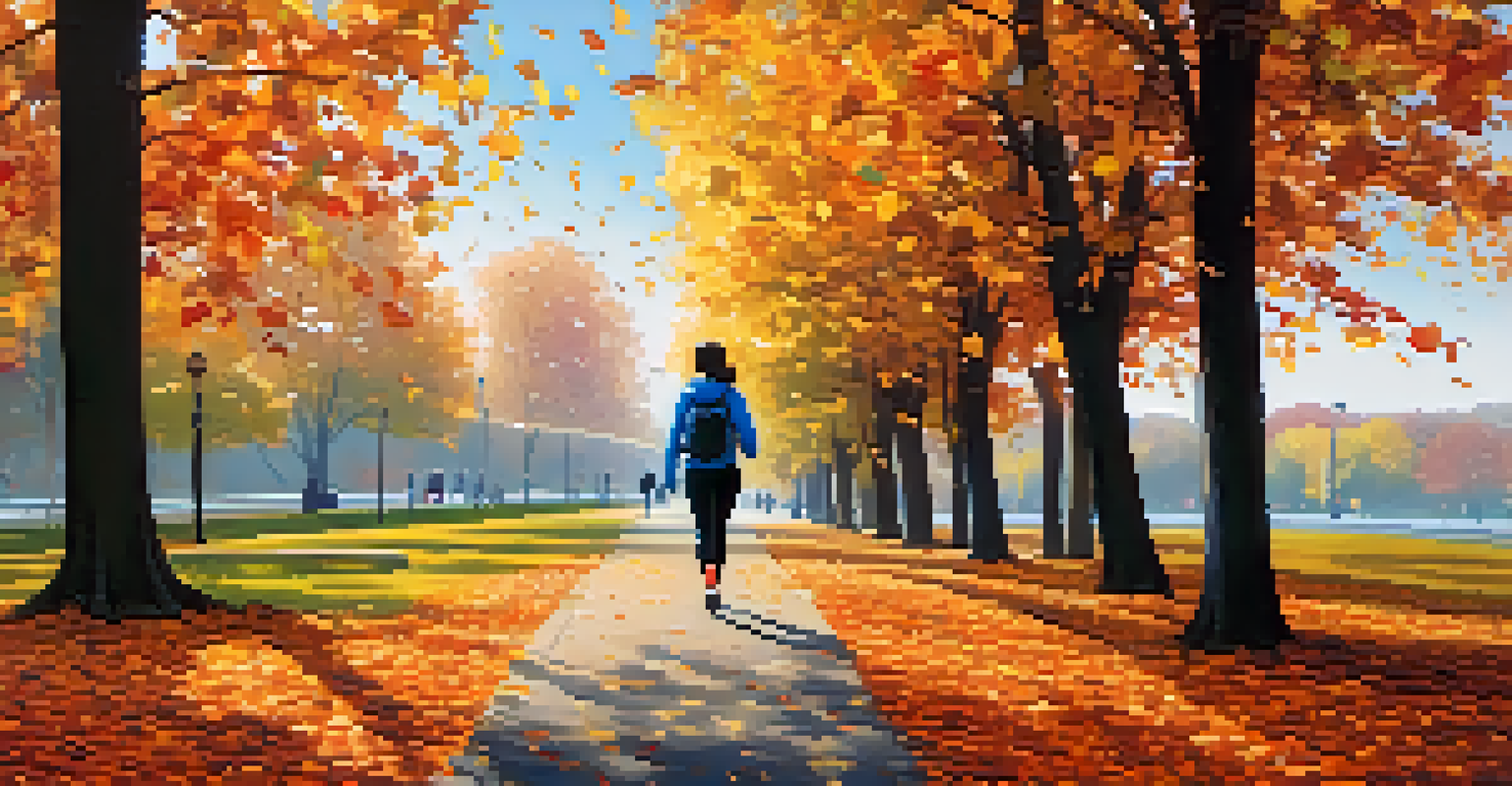 A person walking in a park during autumn, surrounded by colorful leaves and trees, promoting physical activity and well-being.