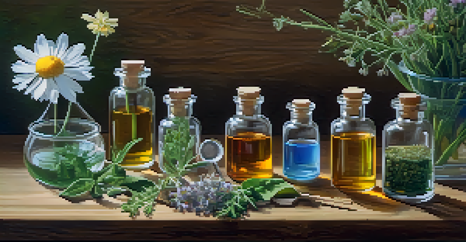 A collection of homeopathic remedies displayed on a wooden table, surrounded by flowers and herbs, illuminated by soft light.