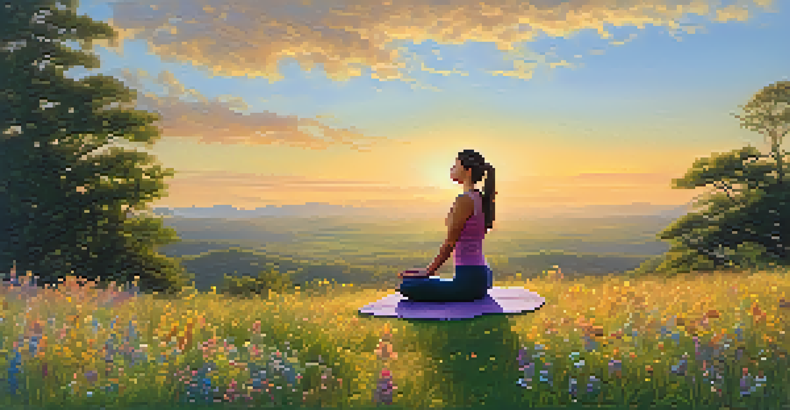 A peaceful outdoor yoga scene at sunrise, with a person meditating on a grassy hill surrounded by wildflowers.