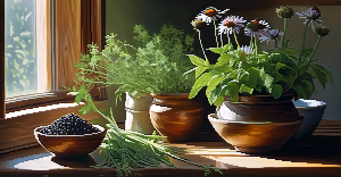 A cozy kitchen with fresh herbs in wooden bowls and a steaming cup of tea on a countertop, illuminated by soft sunlight.