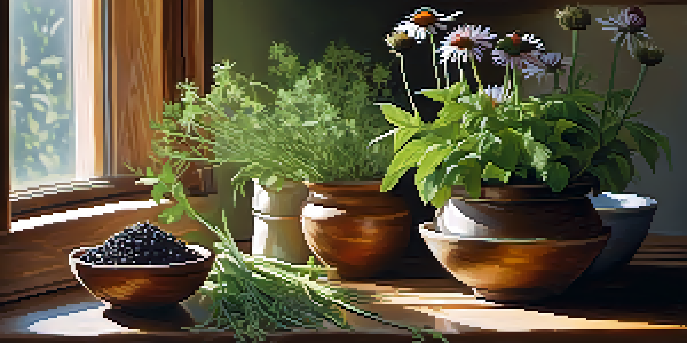 A cozy kitchen with fresh herbs in wooden bowls and a steaming cup of tea on a countertop, illuminated by soft sunlight.