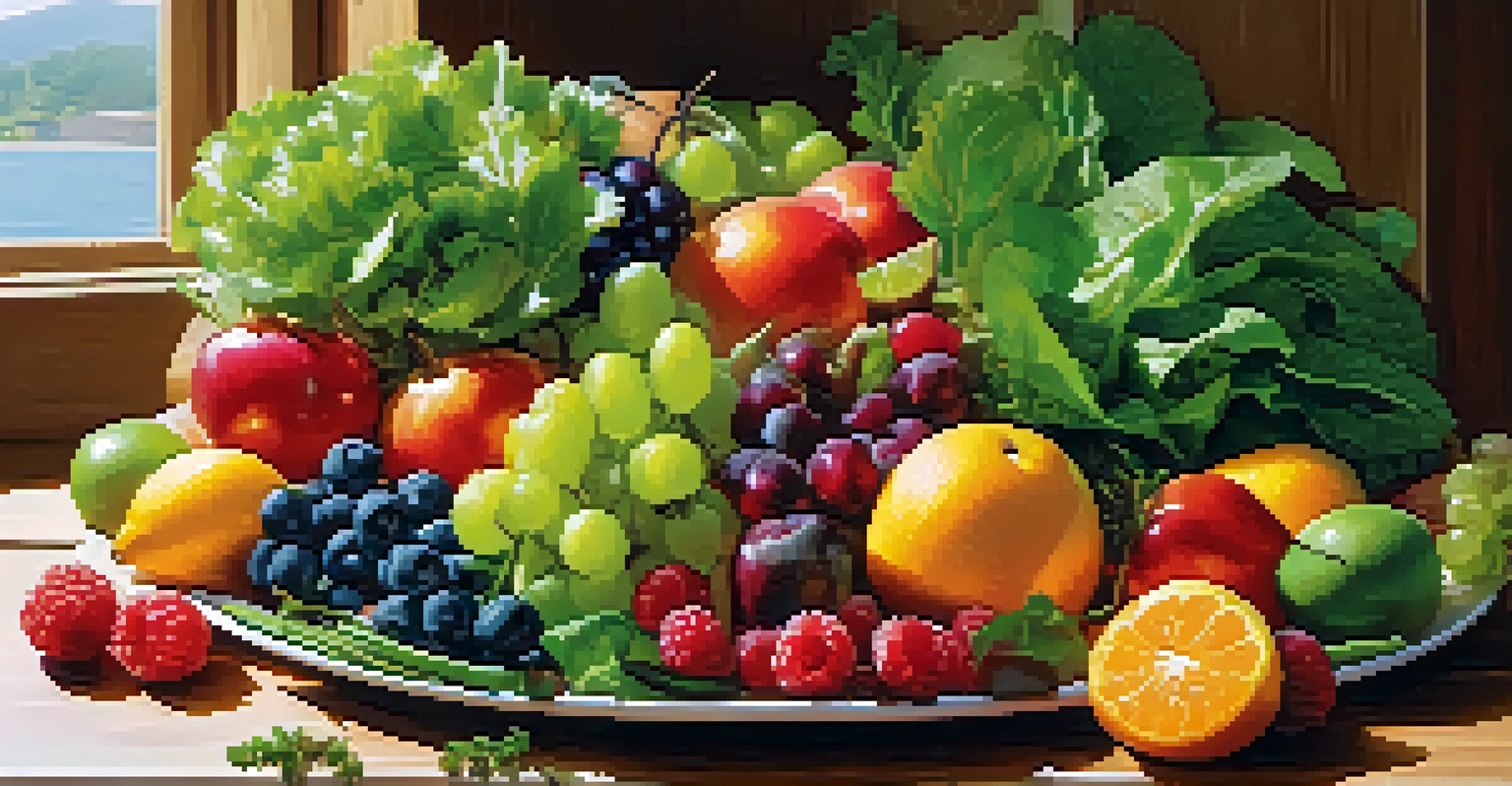 A colorful plate of fresh fruits and vegetables, including berries and leafy greens, presented on a wooden table with sunlight illuminating the scene.