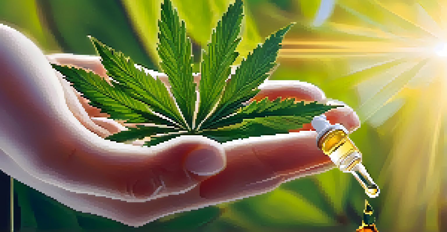 A close-up of a hand holding a dropper of CBD oil against a background of fresh cannabis leaves, illuminated by sunlight.