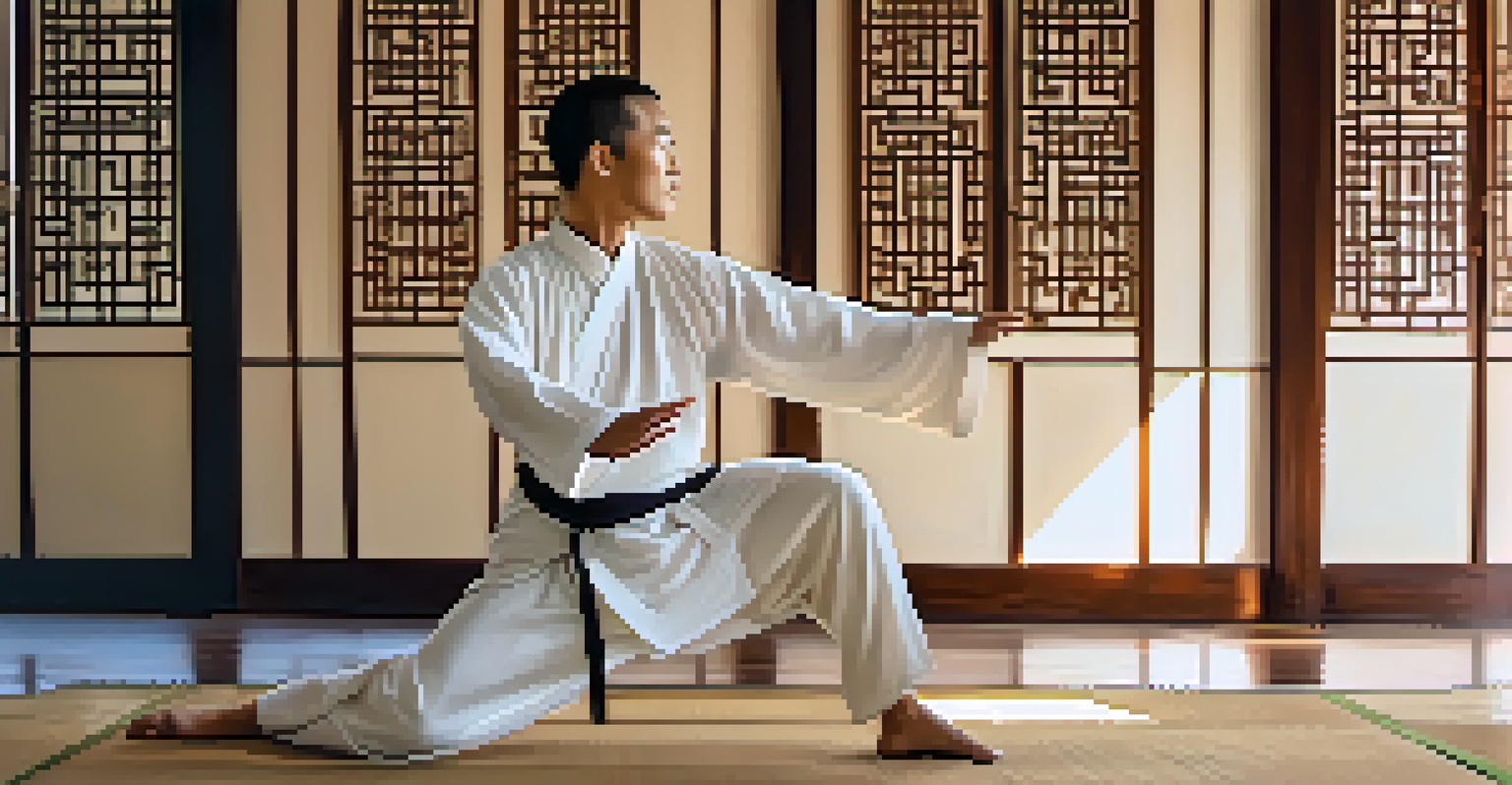 Close-up of a Tai Chi practitioner in traditional attire performing a slow movement, showcasing details of their posture in a softly lit, tranquil indoor setting.