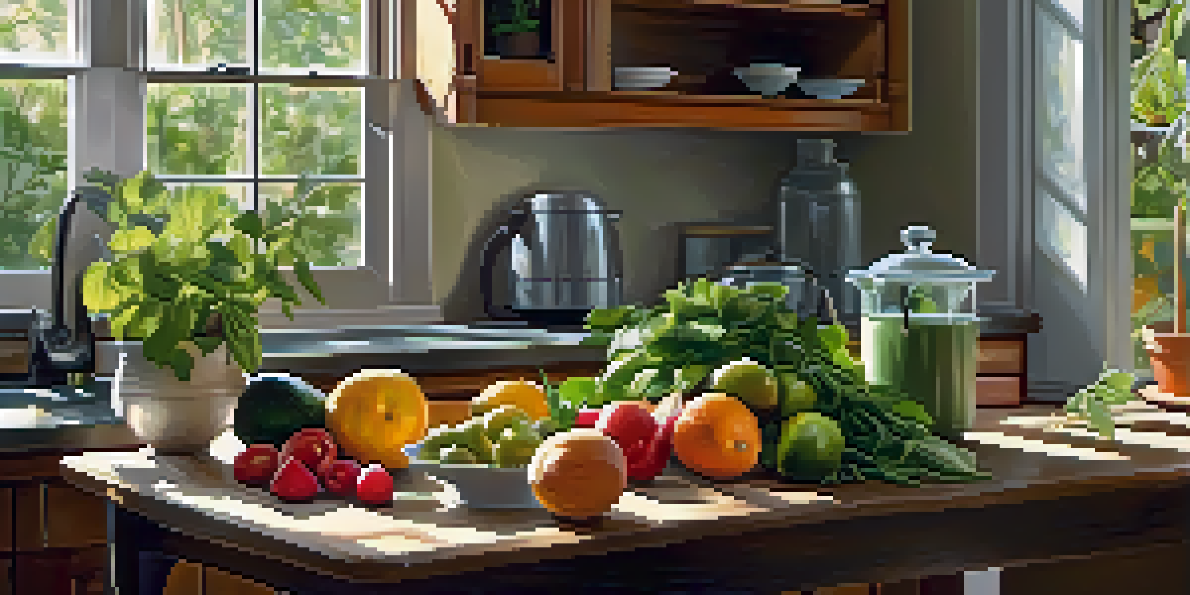 A cozy kitchen with a wooden table displaying fresh fruits and vegetables, illuminated by sunlight.
