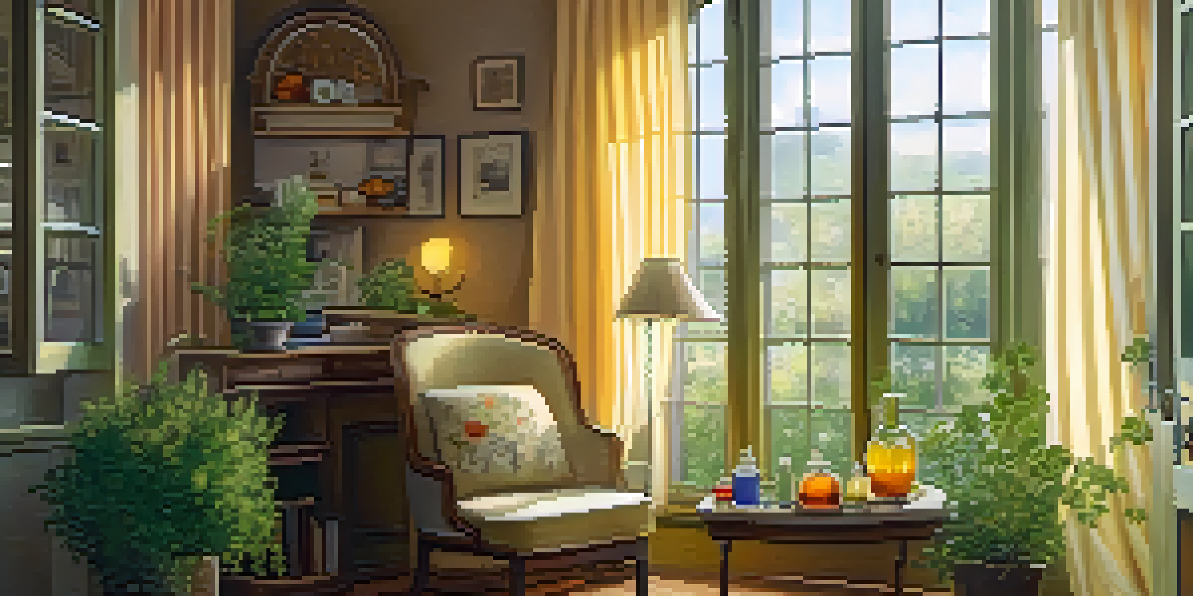 A cozy room with an armchair, herbal remedies, and sunlight filtering through sheer curtains, creating a peaceful atmosphere.