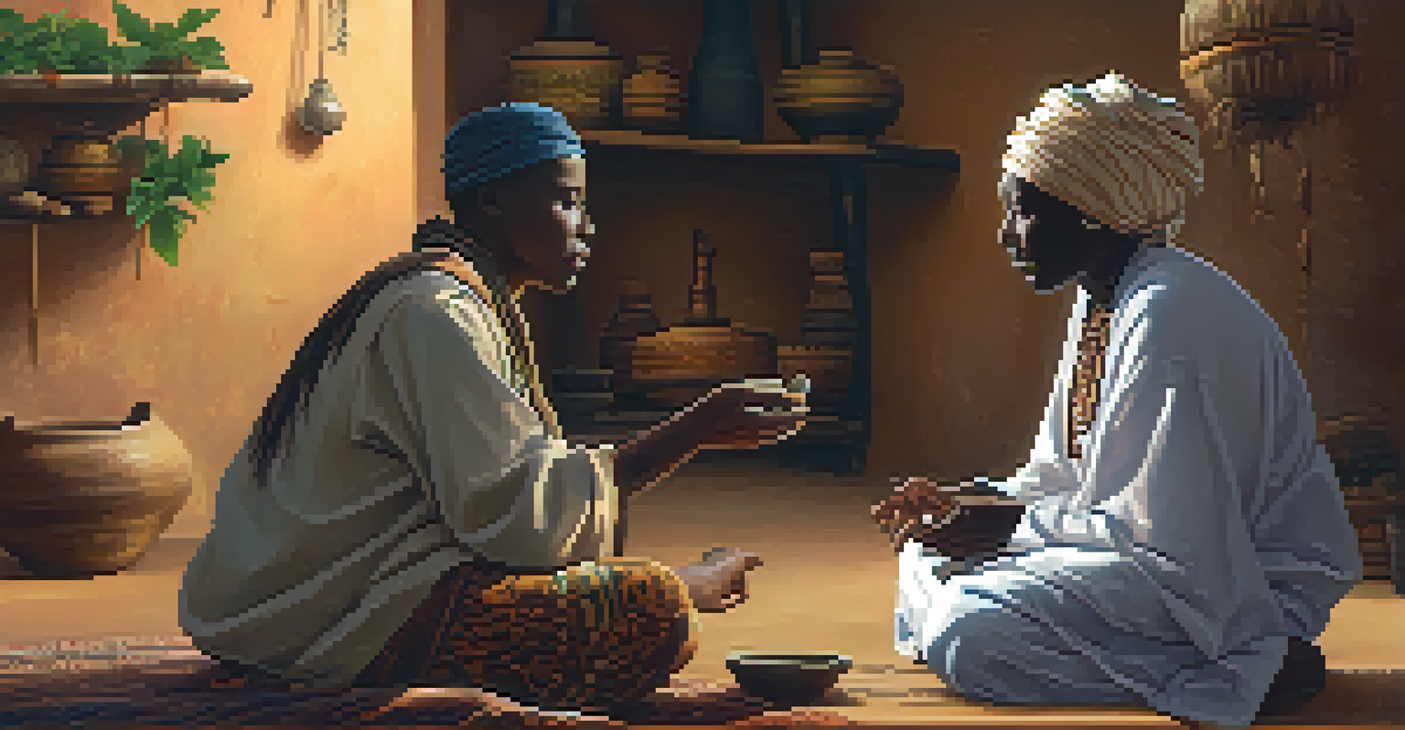 A traditional healer counseling a patient in a cozy rustic setting, surrounded by cultural decorations.