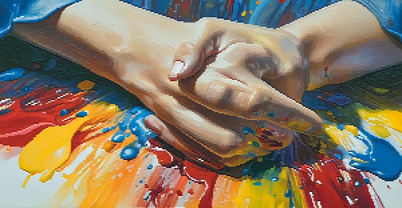 Close-up of hands covered in paint creating an abstract painting on a canvas.