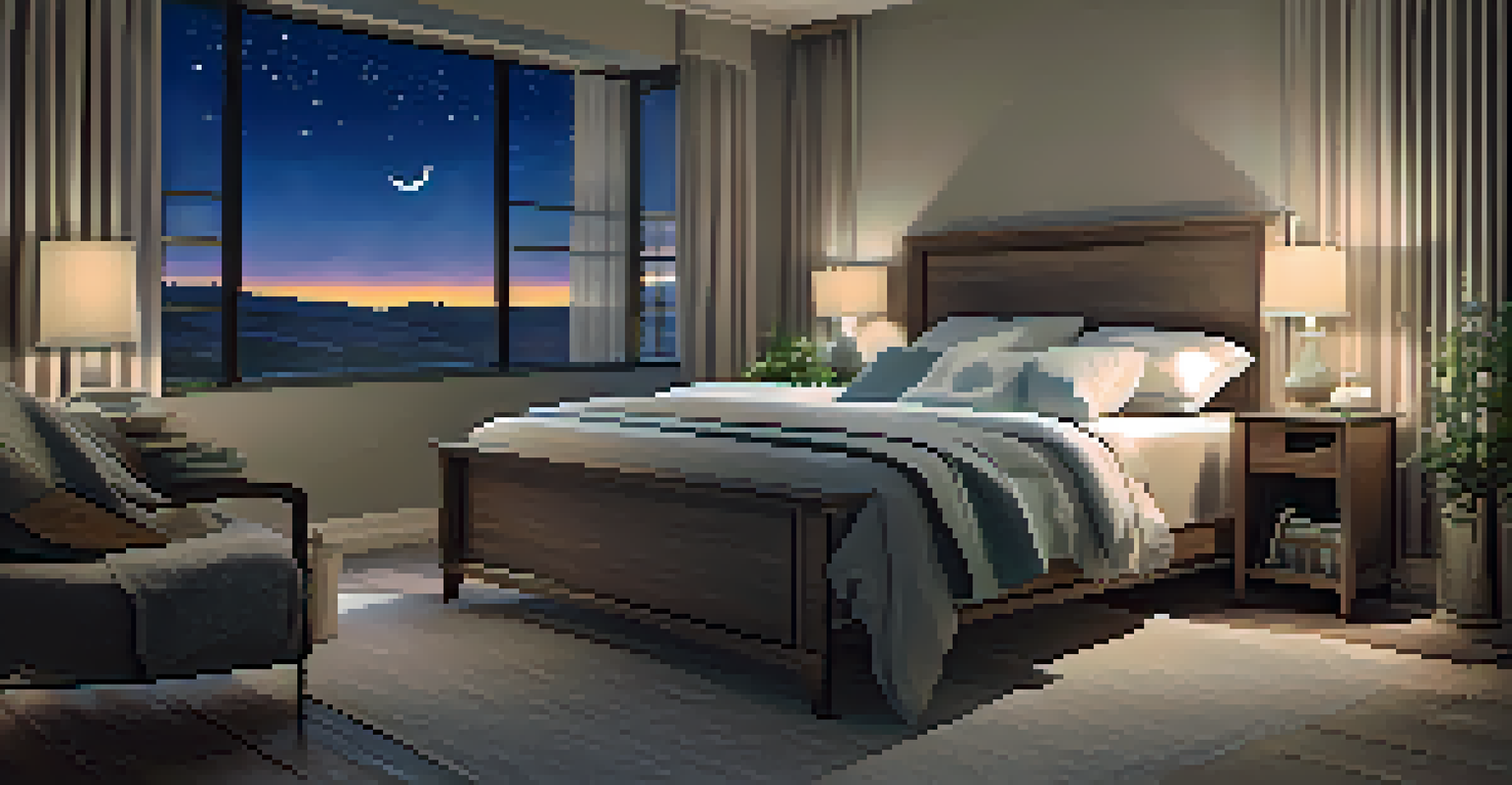 A tranquil bedroom with a neatly made bed, soft colors, a bedside lamp, and herbal teas on a nightstand, set against a peaceful night sky.