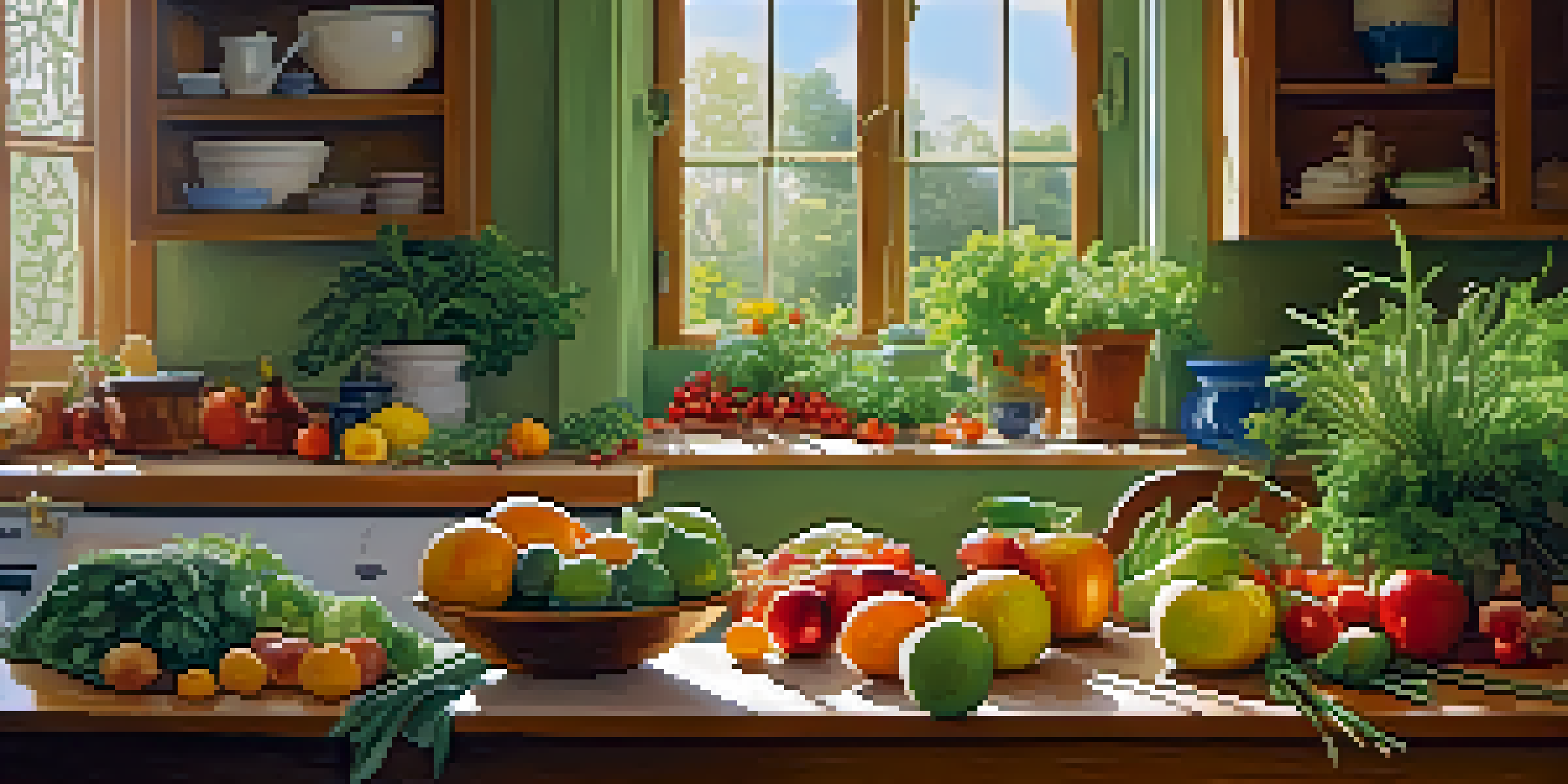 A bright kitchen with a wooden table displaying an array of colorful organic fruits and vegetables, sunlight pouring in from the window.