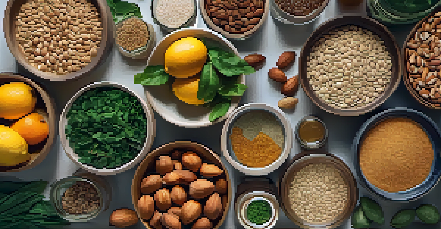 An organized kitchen counter displaying jars of nuts, seeds, and fresh fruits and vegetables.
