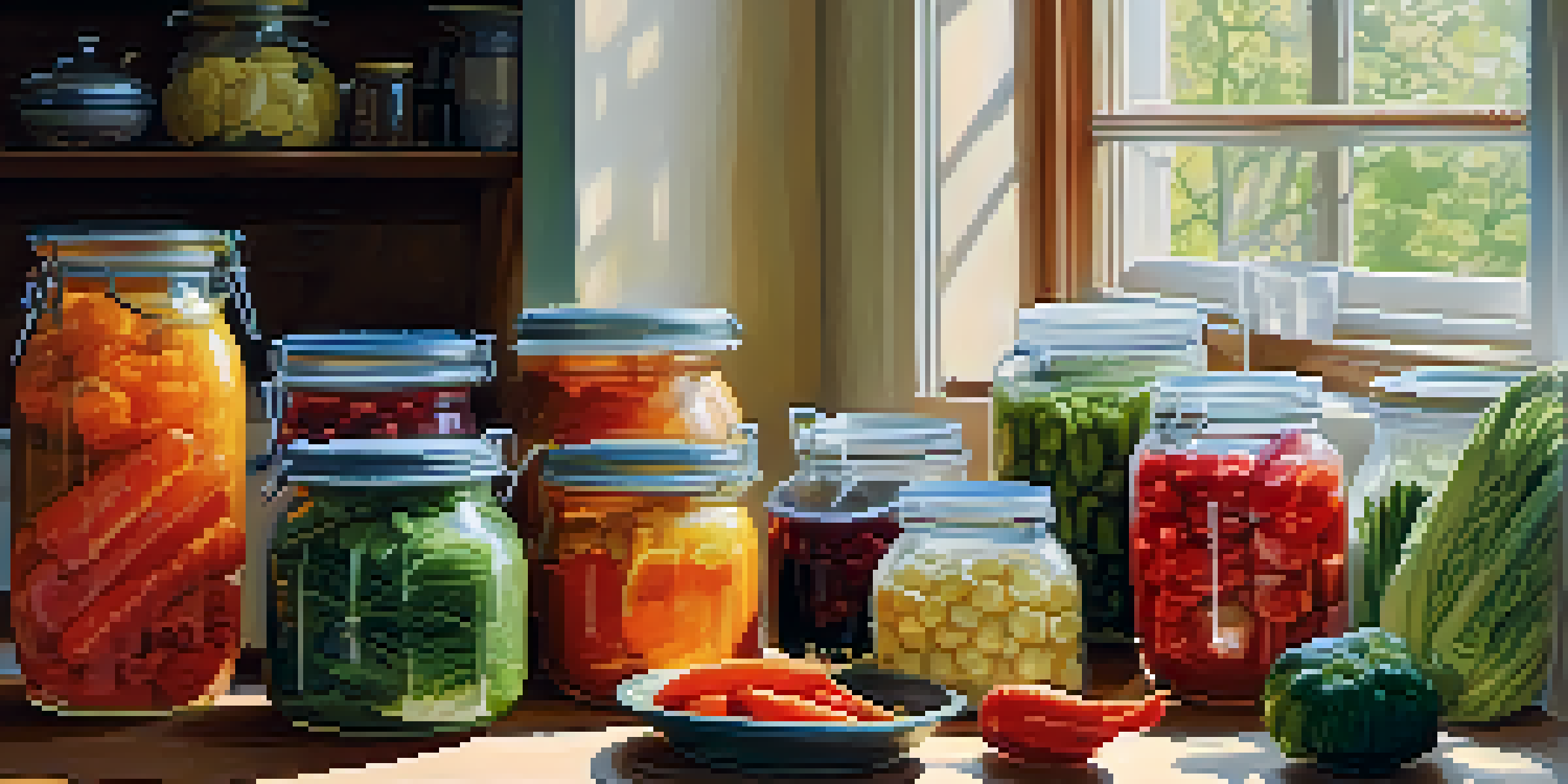A bright kitchen filled with fresh vegetables, fruits, and jars of fermented foods, illuminated by soft natural light.