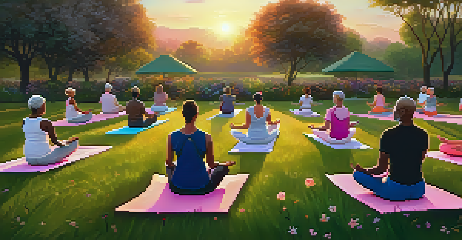 A group of cancer patients practicing yoga outdoors at sunrise in a beautiful garden.
