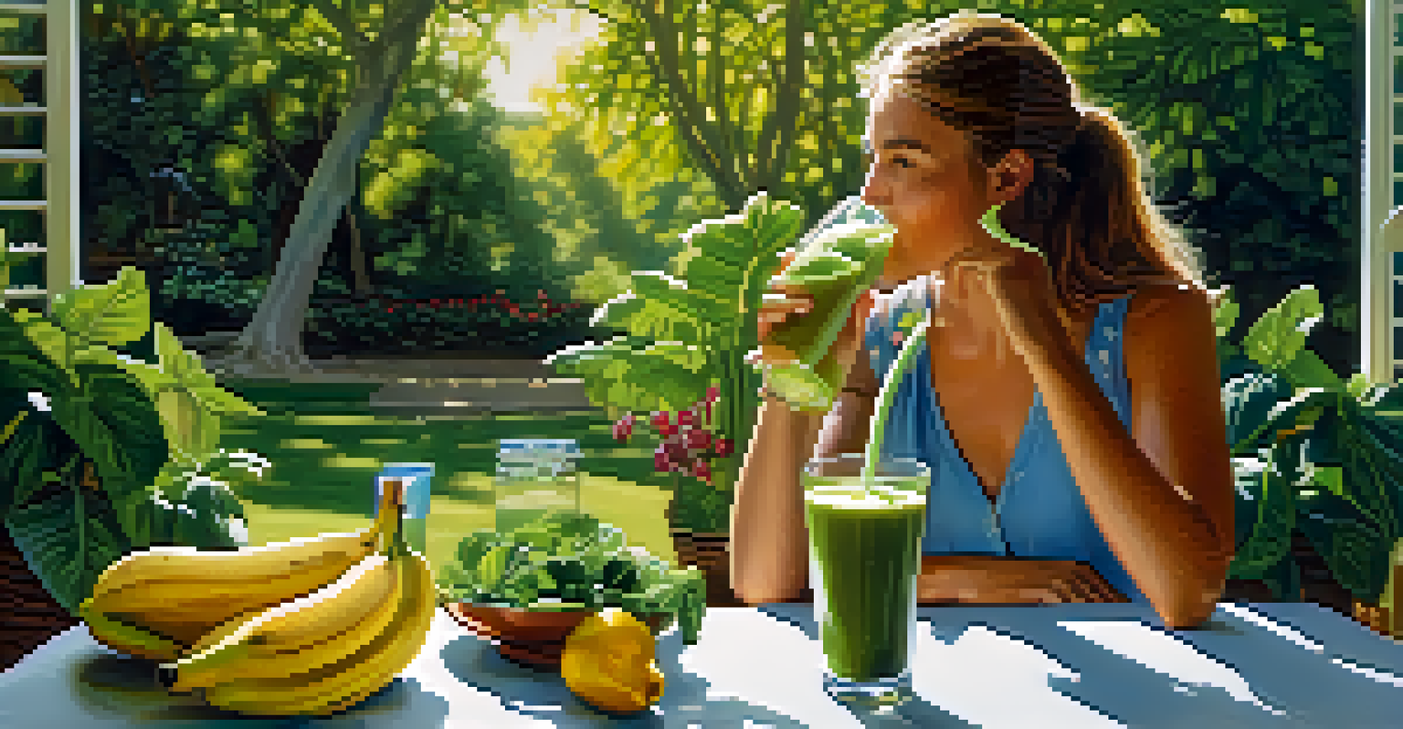 A person drinking a green smoothie made of spinach and banana at a picnic table in a lush outdoor setting, with sunlight highlighting the freshness of the scene.