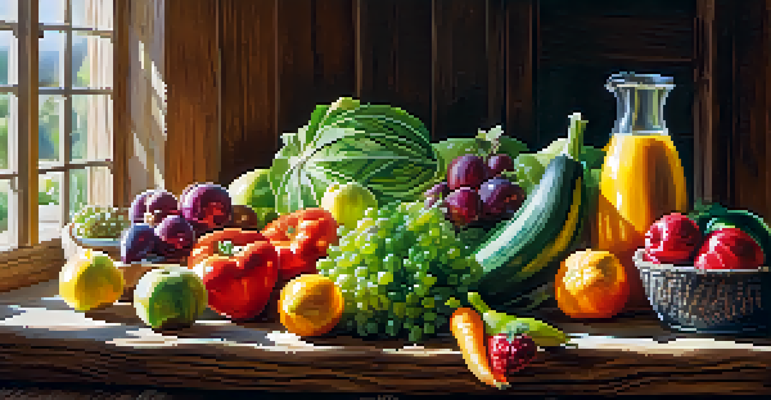 A colorful arrangement of fresh fruits and vegetables on a wooden table, emphasizing healthy nutrition.