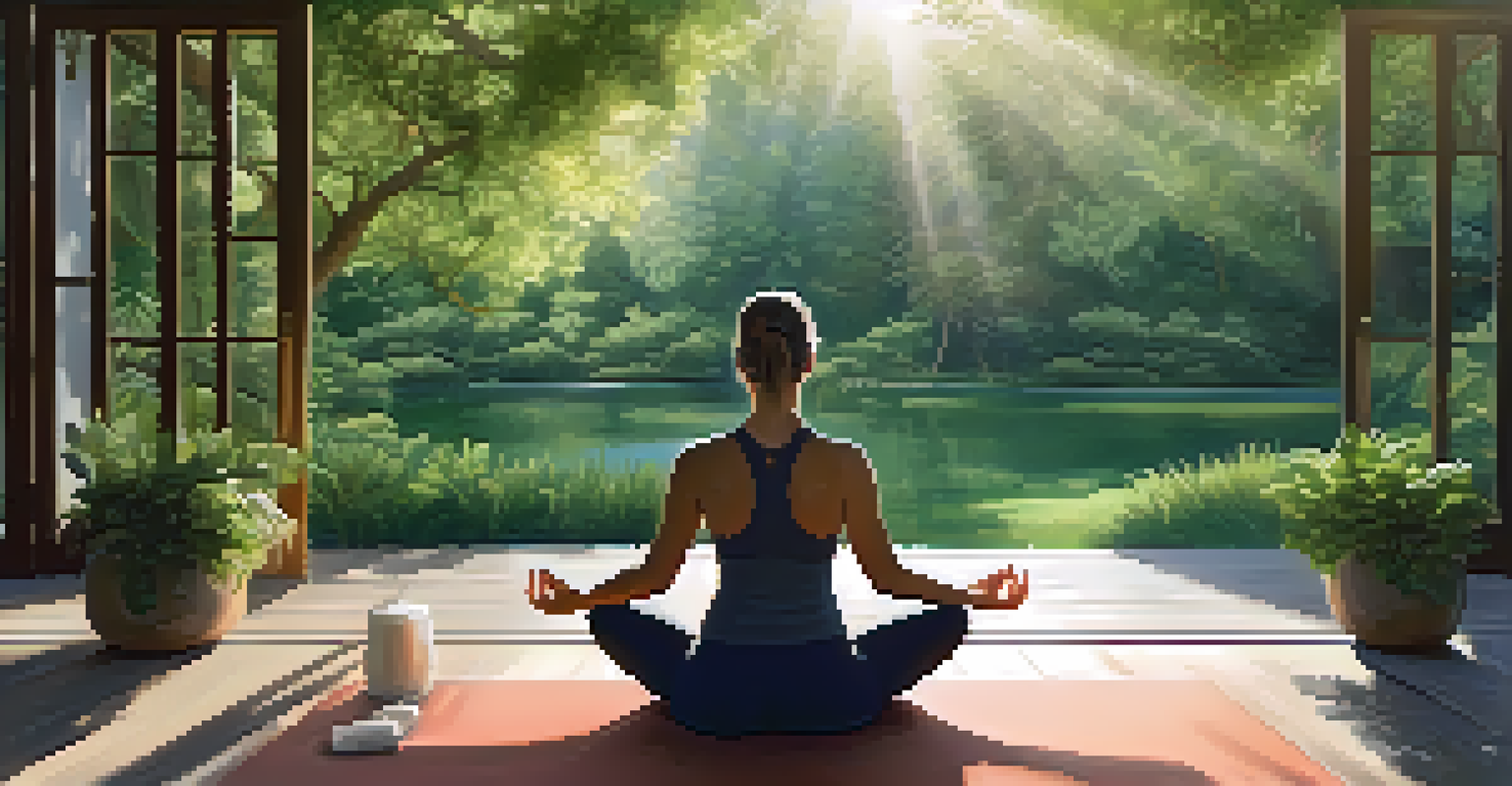 A person practicing yoga in a tranquil outdoor setting filled with greenery and sunlight, representing the importance of lifestyle in gut health.