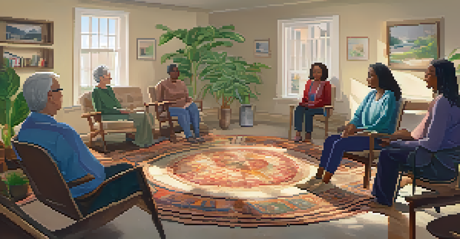 A community support group meeting in a cozy room with people sharing and listening to each other.