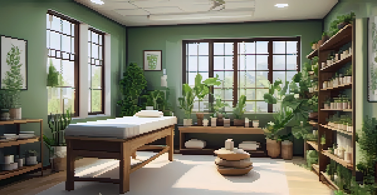 A tranquil naturopathic clinic filled with natural light, wooden furniture, and herbal remedies, promoting a sense of calm and wellness.