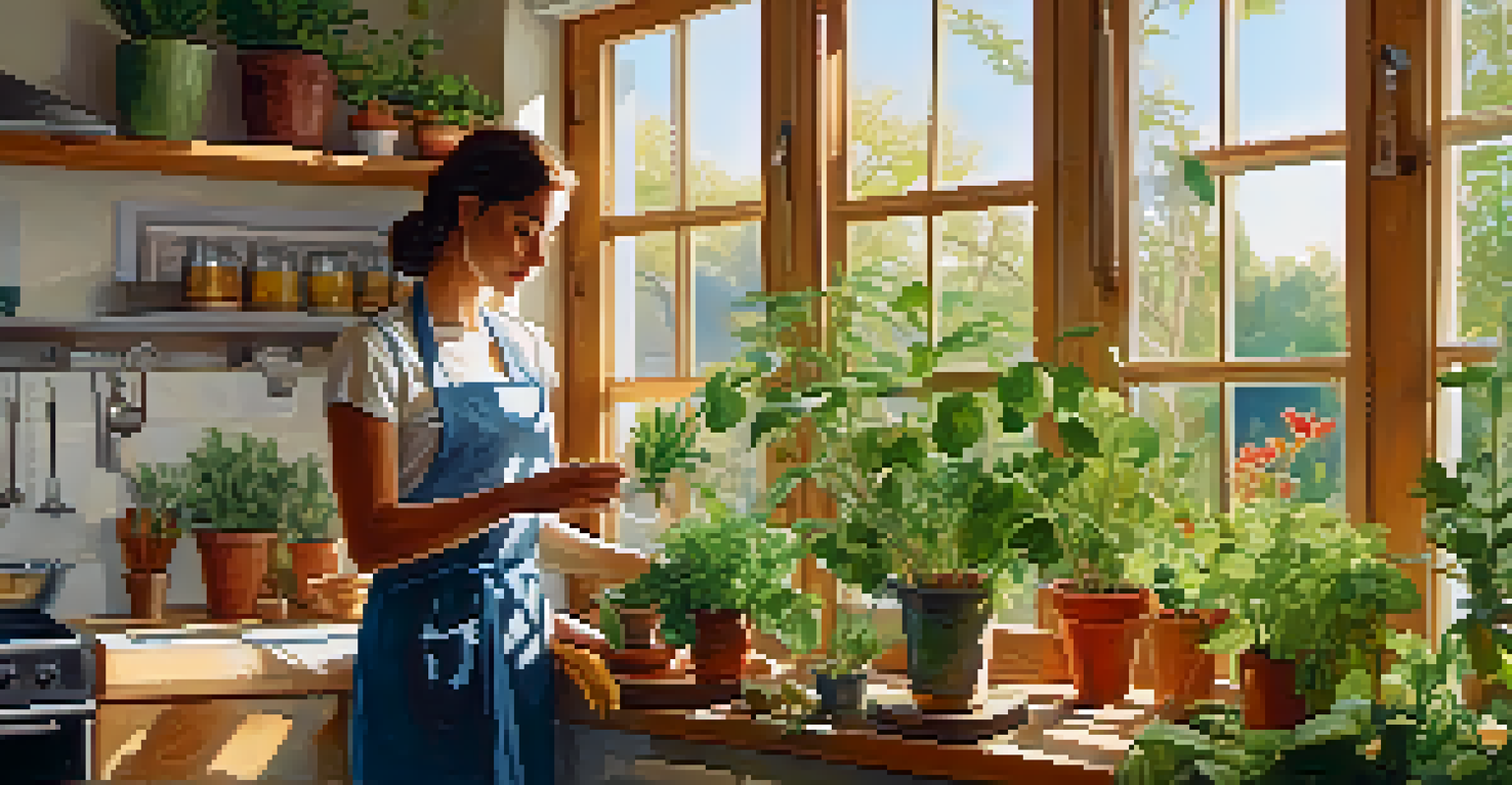 A bright kitchen with a person tending to houseplants on the windowsill, with sunlight streaming in from the garden outside.