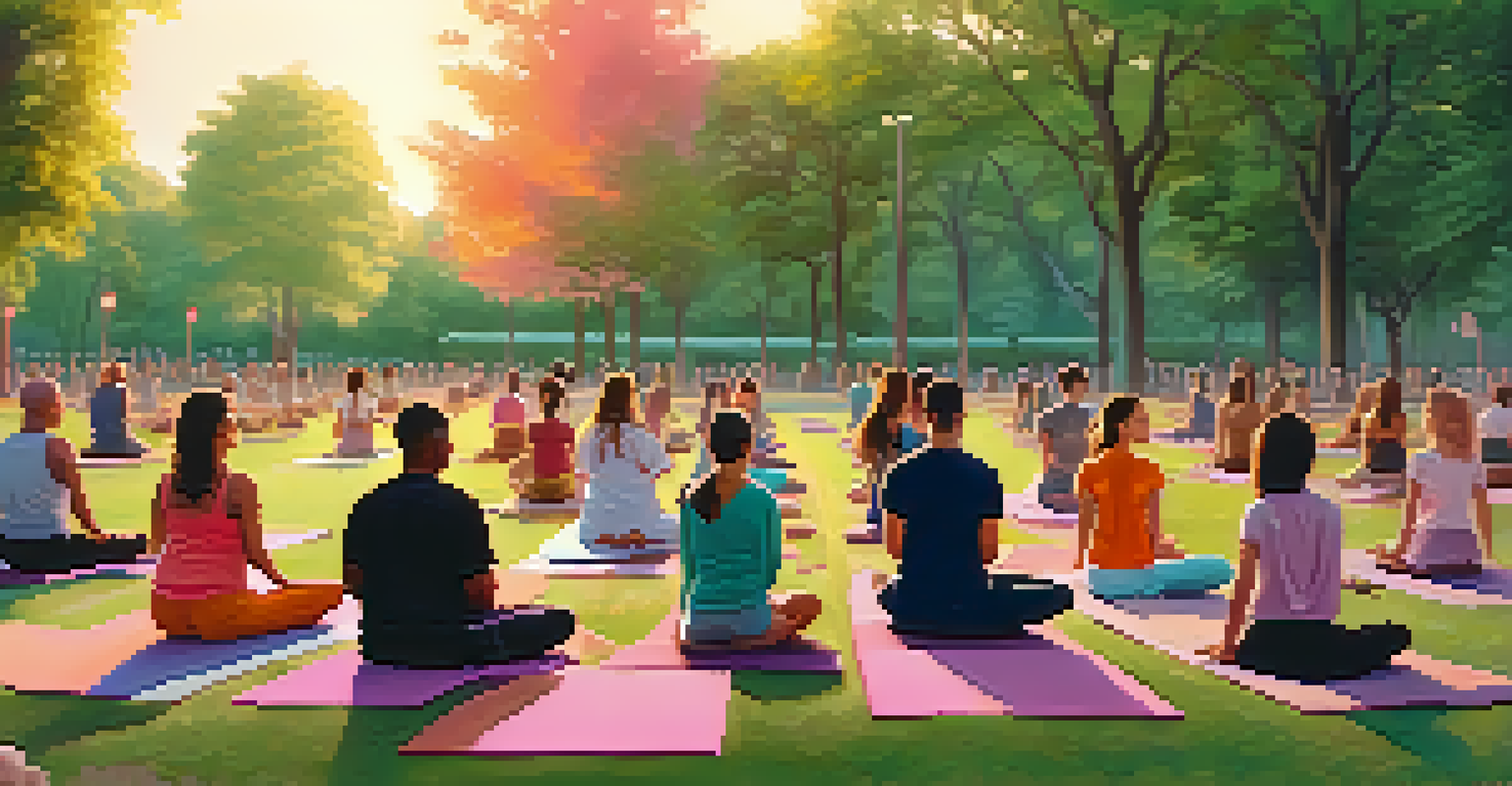 A diverse group practicing yoga outdoors at sunrise in a beautiful park, promoting mindfulness and relaxation.