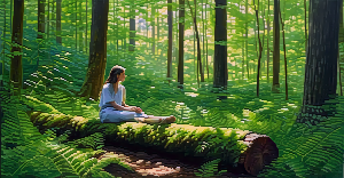 A person practicing forest bathing in a lush green forest, sitting on a log with sunlight filtering through the trees.