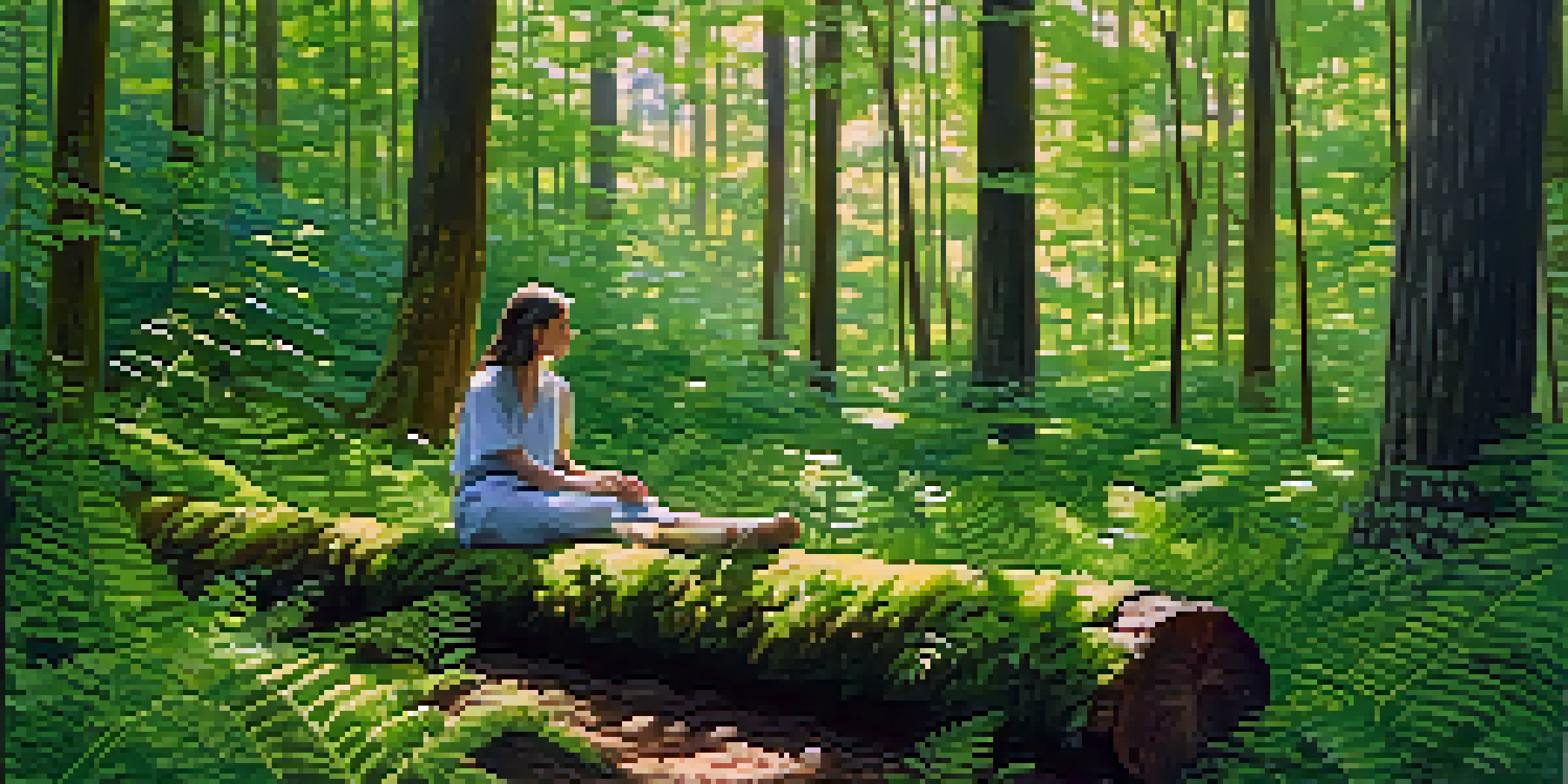 A person practicing forest bathing in a lush green forest, sitting on a log with sunlight filtering through the trees.