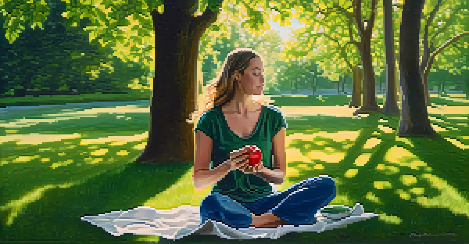 A person in a park enjoying an apple, practicing mindfulness in a serene outdoor setting.