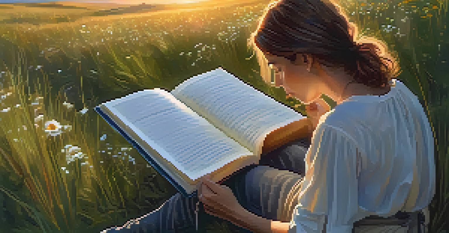 A person journaling on a grassy hill at sunset, surrounded by wildflowers and a warm glow.
