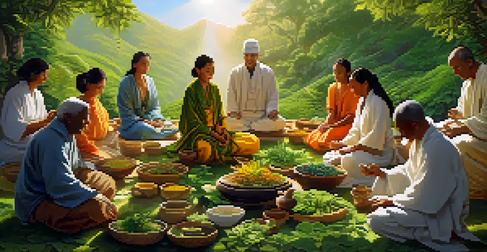 A healer preparing herbal remedies with vibrant plants, surrounded by diverse individuals practicing mindfulness in a serene landscape.