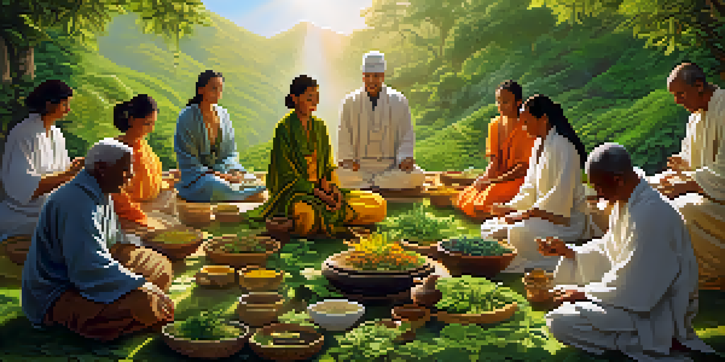A healer preparing herbal remedies with vibrant plants, surrounded by diverse individuals practicing mindfulness in a serene landscape.