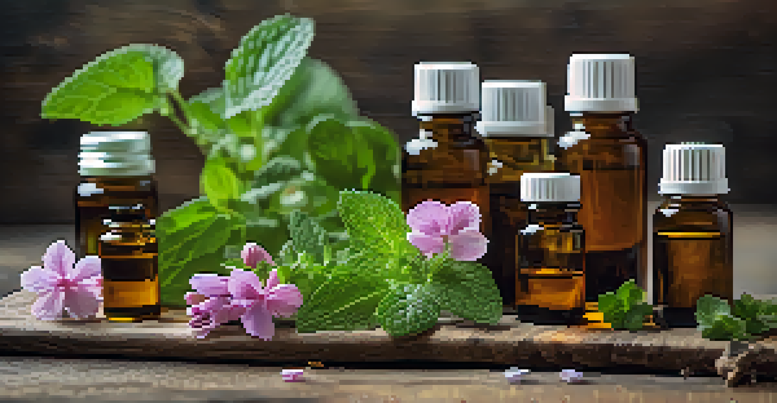 A flat lay of essential oils and herbs on a wooden surface, creating a calming and natural feel.