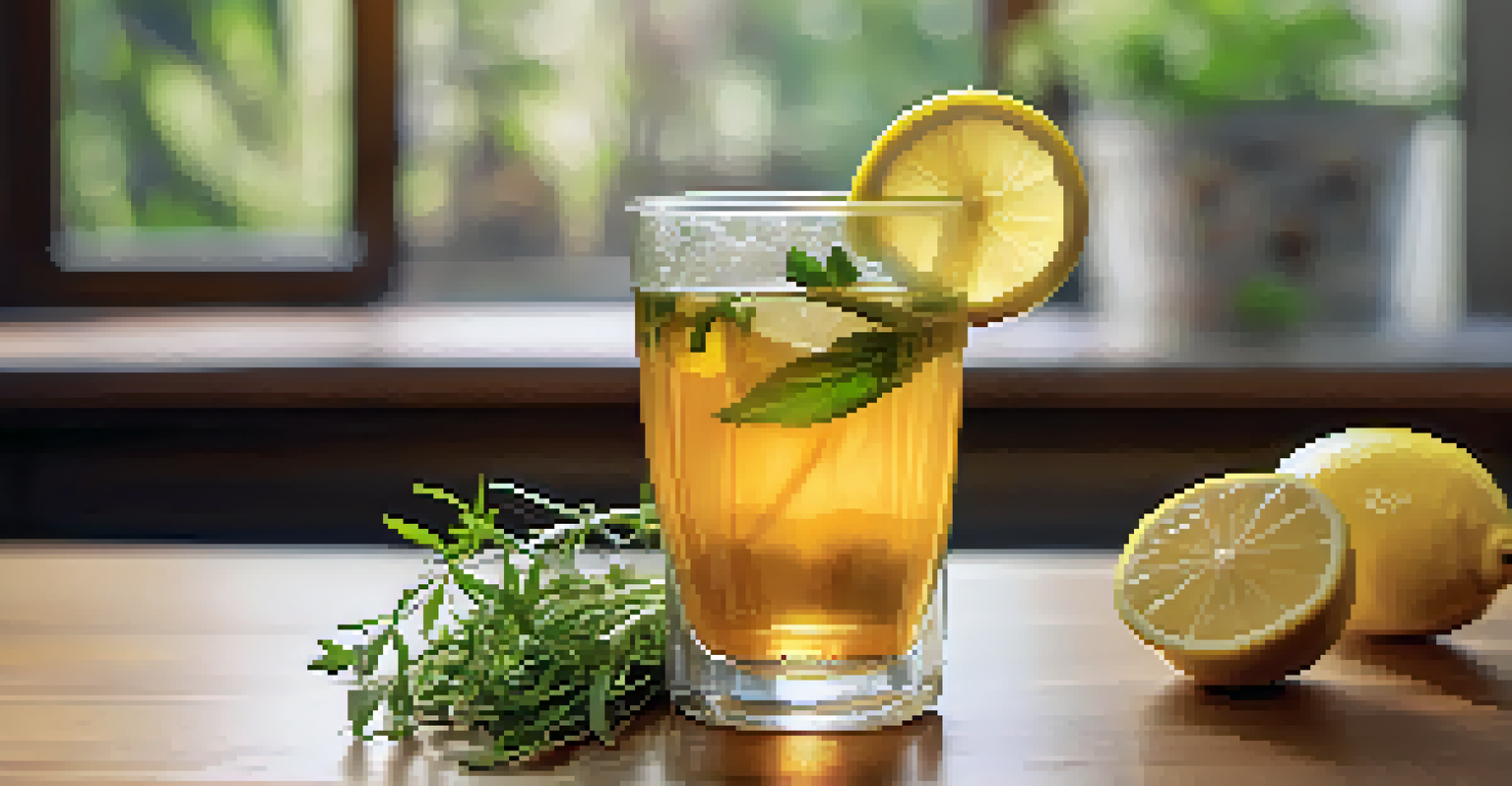 A refreshing glass of herbal tea with lemon and herbs on a wooden table, set in a bright room with plants.