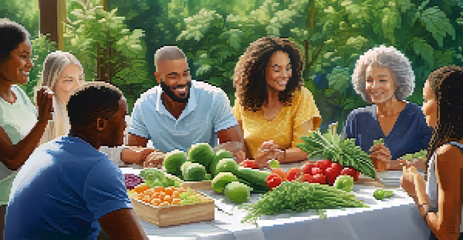 A diverse group of people attending a community workshop about genetic health, with fresh fruits and vegetables on the table.