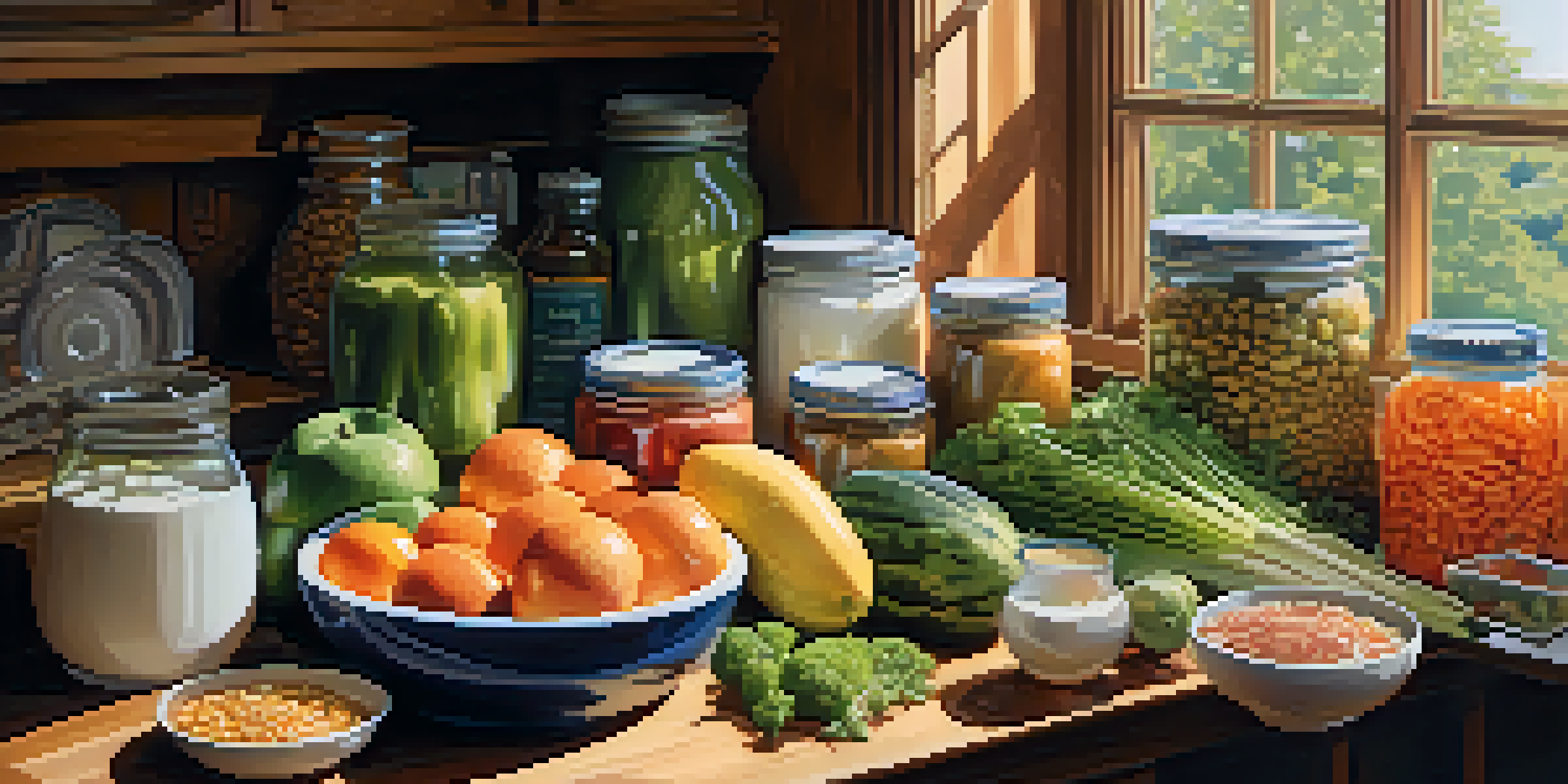 A kitchen filled with fresh fruits, vegetables, whole grains, and jars of fermented foods, with sunlight illuminating the scene.