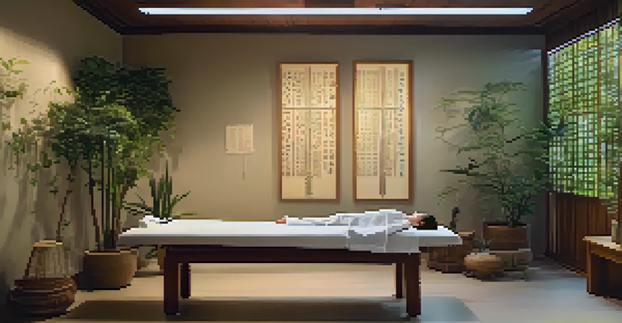 A peaceful acupuncture treatment scene with a patient on a treatment table surrounded by plants and soft lighting.
