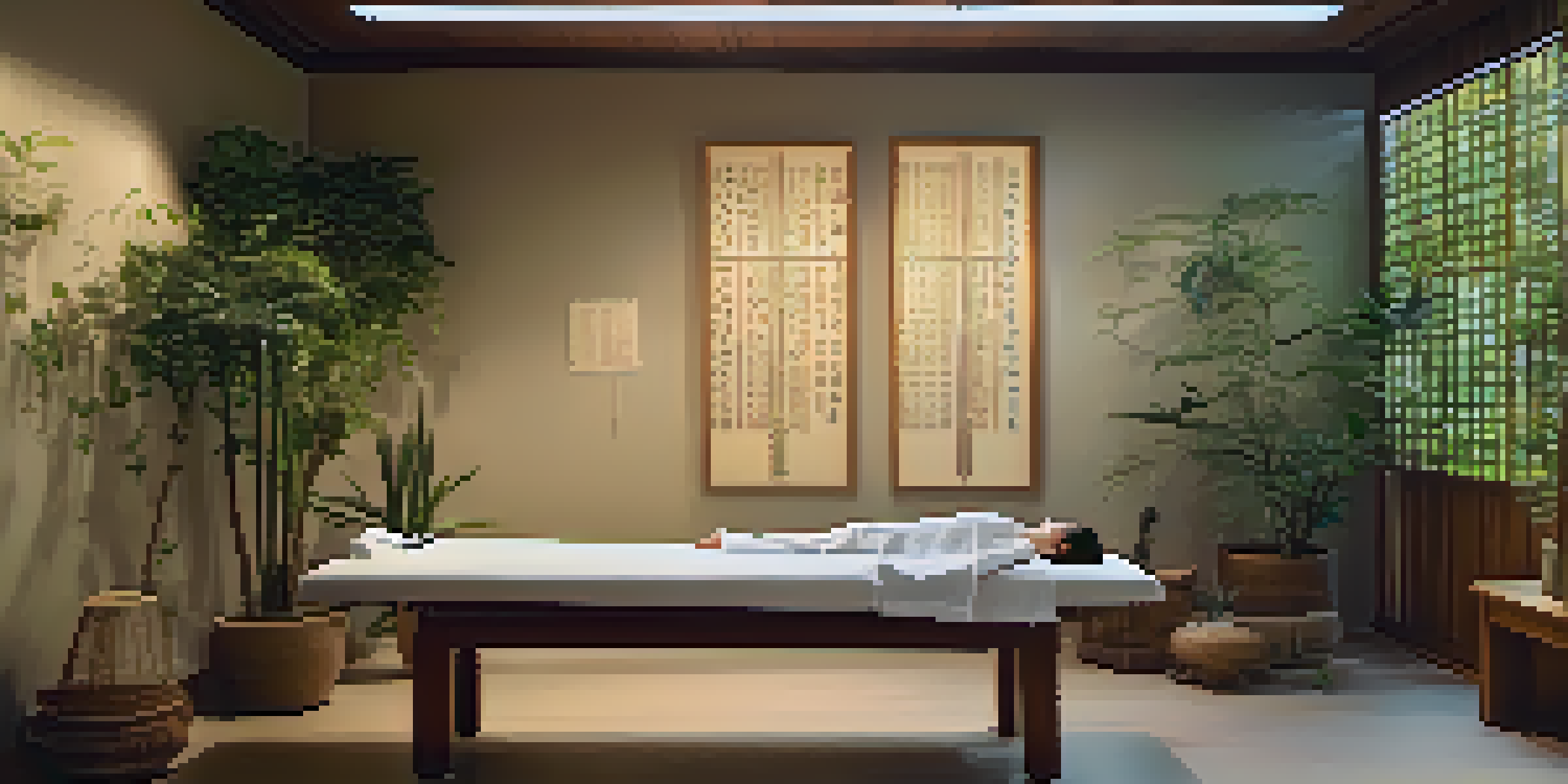 A peaceful acupuncture treatment scene with a patient on a treatment table surrounded by plants and soft lighting.