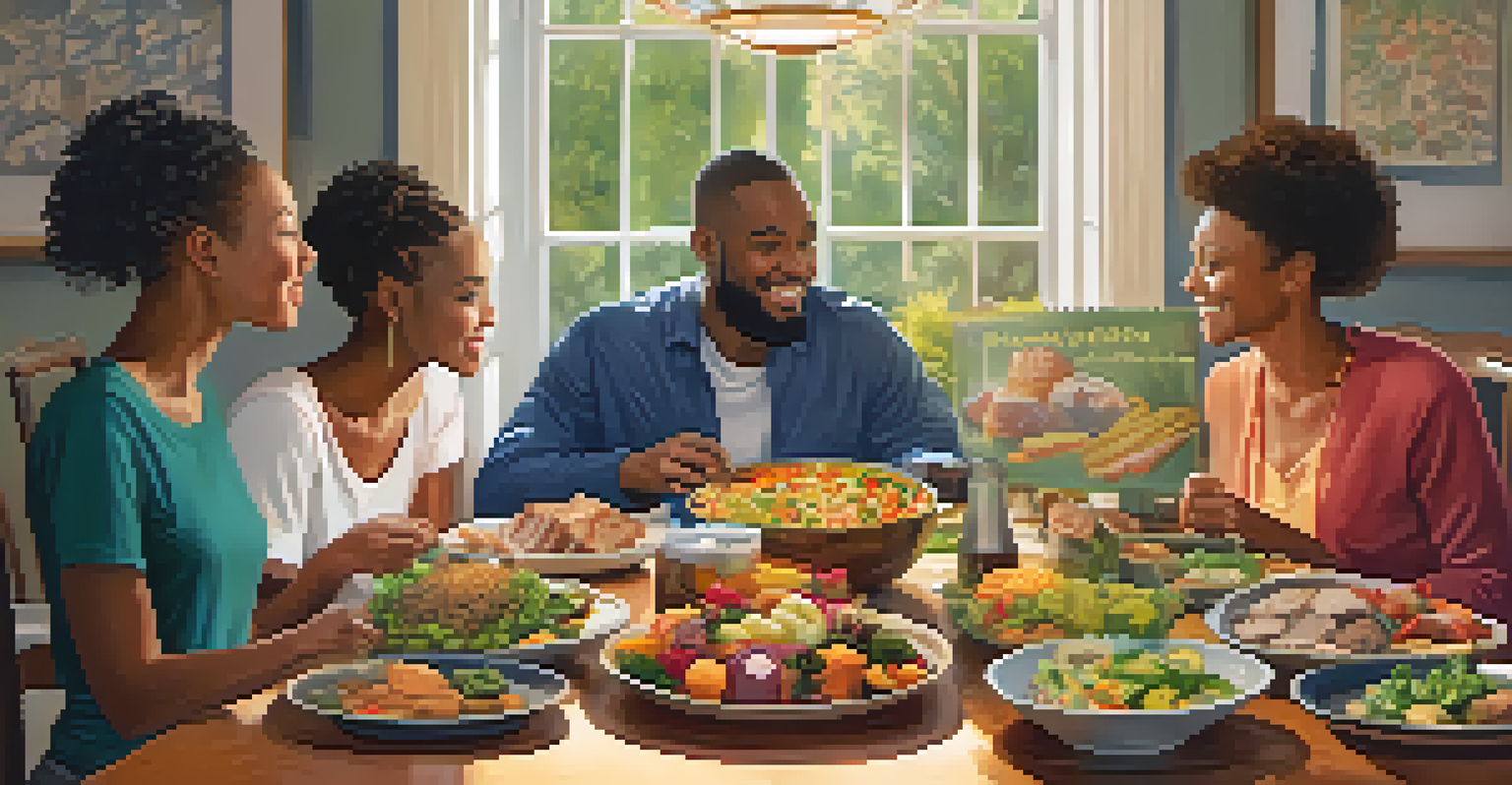 A group of diverse people at a table discussing nutrition plans, with colorful plates of food in front of them in a warmly lit room.