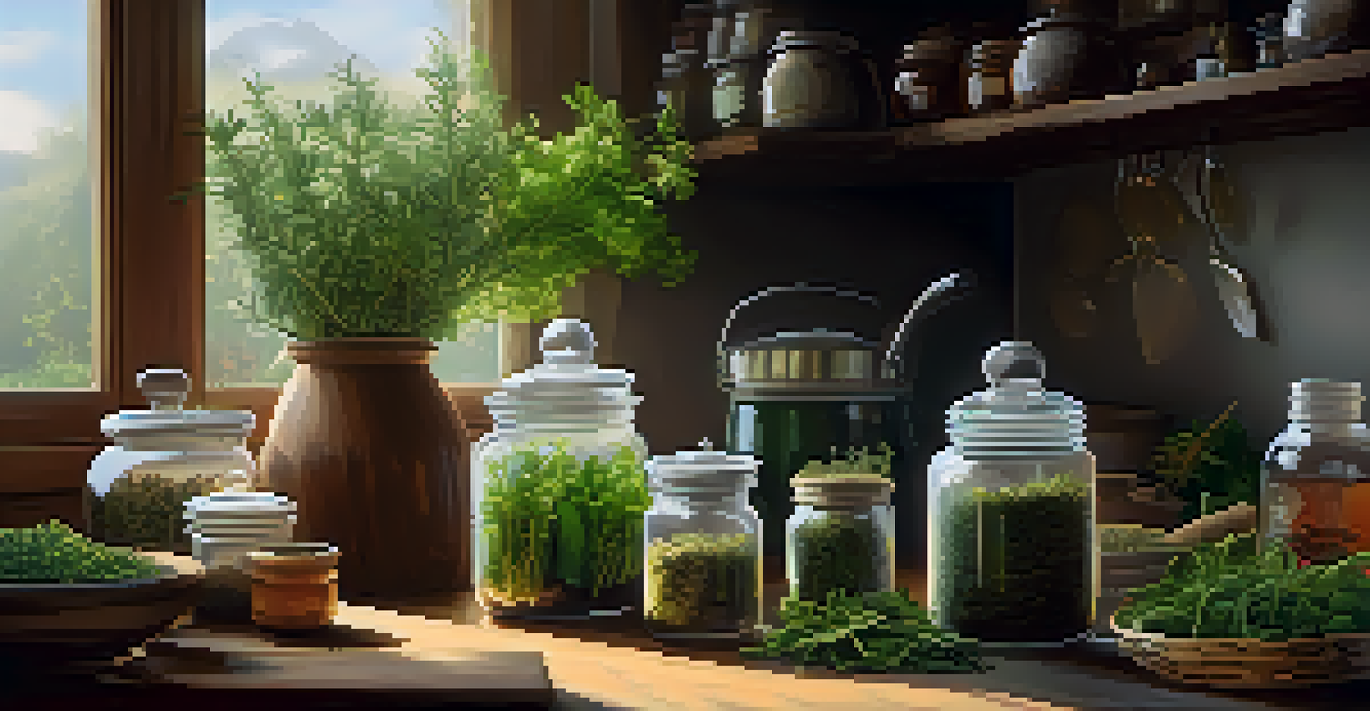 A person preparing herbal remedies in a cozy kitchen with fresh herbs and jars on a wooden table, illuminated by natural sunlight.